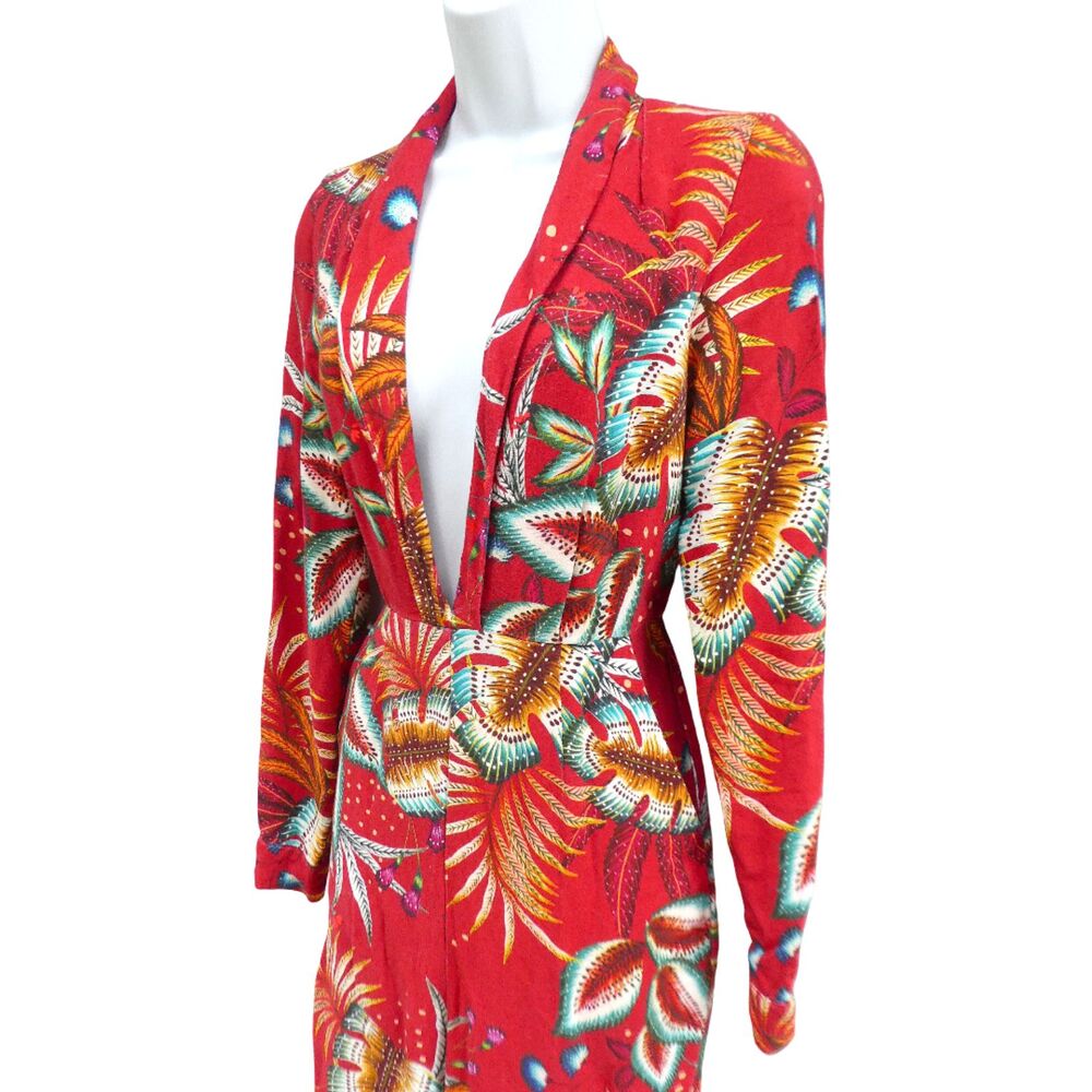 Farm Rio Red Tropical Winterleaf Jumpsuit Deep V Long Sleeve Slant Pockets M - Picture 4 of 10